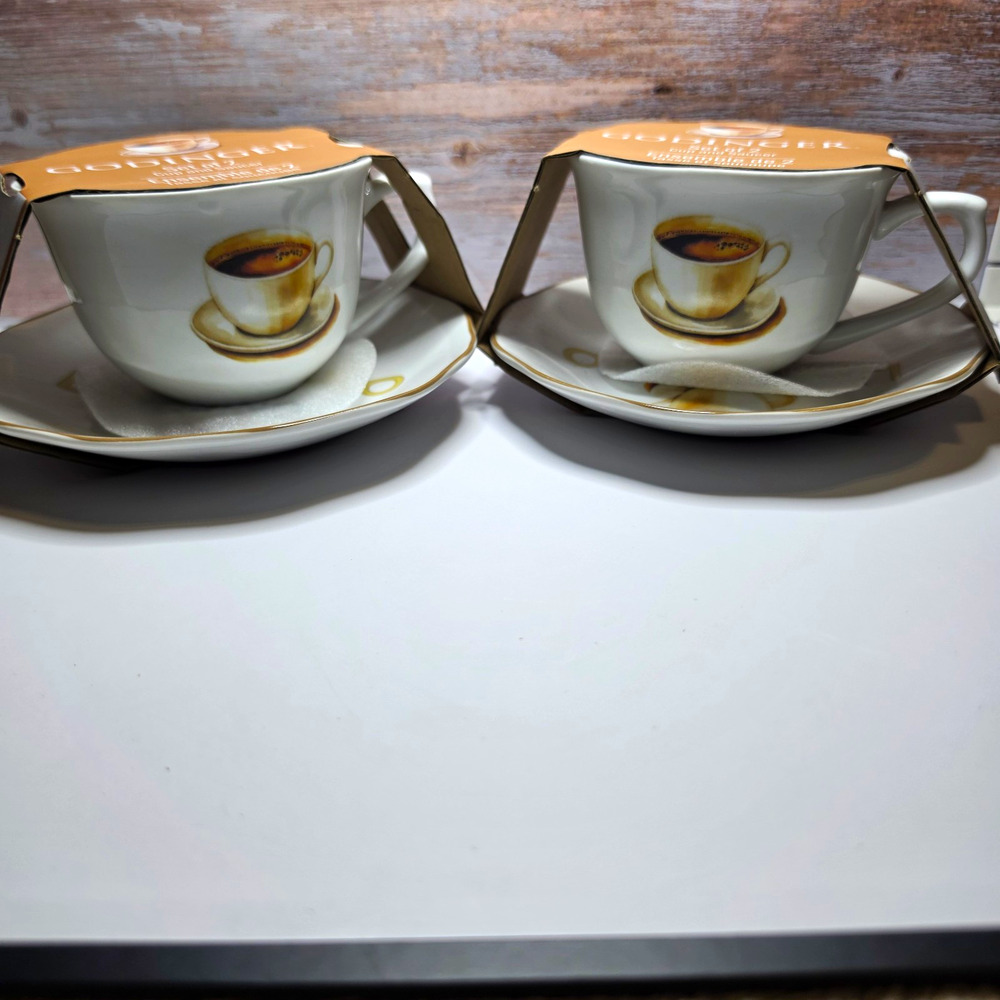 Godinger L'Espresso Torino Cup & Saucer Set 2pc White/Gold Microwave Safe